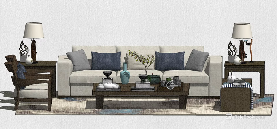 Beige Sofa Coffee Table Set With Gray Navy Cushions Vase Books And Camera 3d model