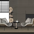 Light Colored Leisure Chairs Metal Frame Small Round Table Floor Lamp Wooden Wall Fireplace
