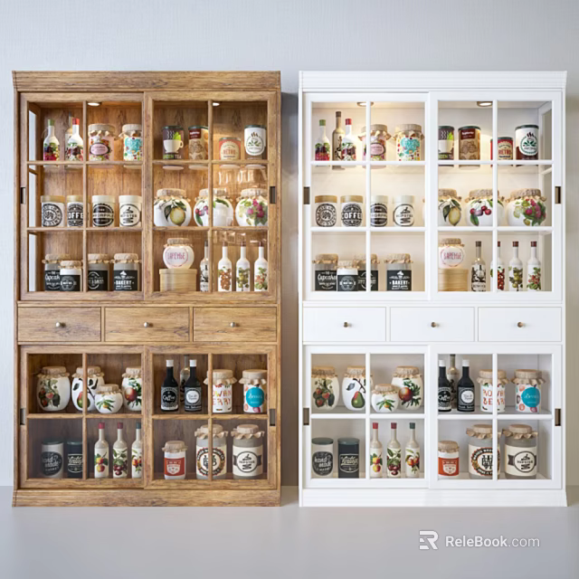 Wooden And White Decorative Cabinets Filled With Bottles Jars And Decor Items 3d model 