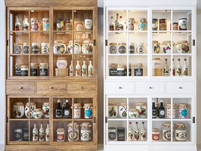 Wooden And White Decorative Cabinets Filled With Bottles Jars And Decor Items 3d model