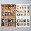 Wooden And White Decorative Cabinets Filled With Bottles Jars And Decor Items