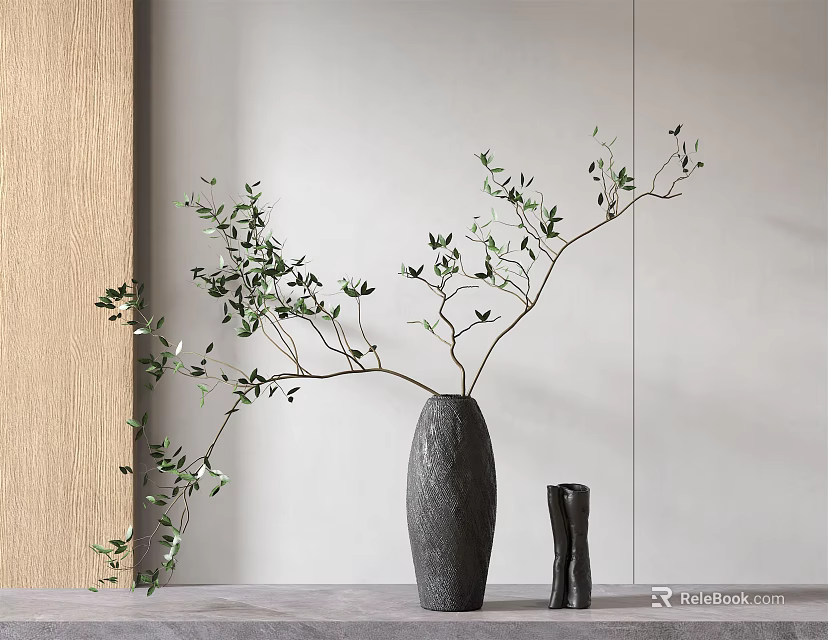 Gray Vase With Green Leaf Branches On Gray Countertop Against Light Wall And Wooden Panel 3d model 