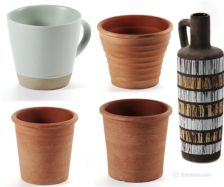 Ceramic Vessels Collection Featuring Green Cup Brown Pots And Striped Black Bottle 3d model 