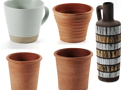 Ceramic Vessels Collection Featuring Green Cup Brown Pots And Striped Black Bottle 3d model