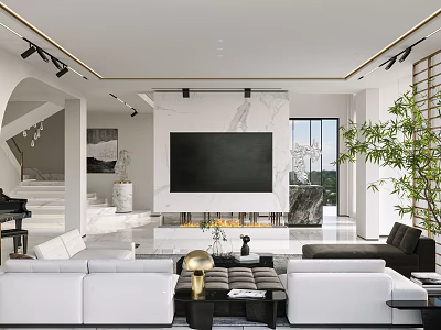 Elegant Modern Living Room Interior With White Sofas Black TV Wall And Green Plant 3d model
