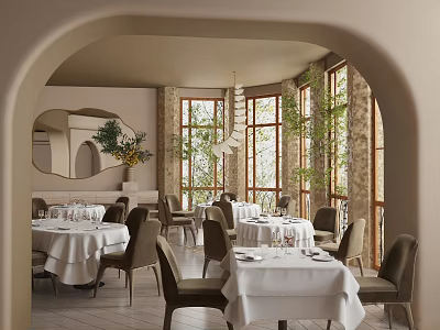 Elegant Restaurant Interior With Arched Doorway Large Windows Dining Tables White Tablecloths And Plants 3d model