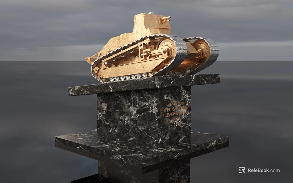 Golden Tank Statue on Black Marble Monument with Sky and Water Background 3d model 