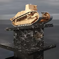 Golden Tank Statue on Black Marble Monument with Sky and Water Background