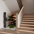 Modern Staircase With Wooden Treads LED Lighting Green Plant And Decorative Sculpture