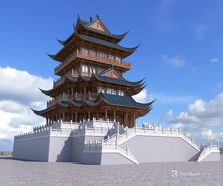 Ancient Chinese Traditional Architecture Multi Story Tower With Wooden Structure Blue Roof And White Base 3d model 