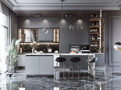 Elegant Modern Bar Counter With Marble Top Pendant Lights And Black Stools In Stylish Interior 3d model