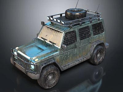 Rusty Off Road Vehicle With Roof Rack Spare Tire And Metal Grille Windows 3d model