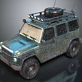 Rusty Off Road Vehicle With Roof Rack Spare Tire And Metal Grille Windows