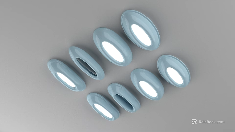 Light Blue Oval Lighting Fixtures With White Light Sources Arranged Neatly Against Gray Background 3d model 