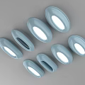 Light Blue Oval Lighting Fixtures With White Light Sources Arranged Neatly Against Gray Background
