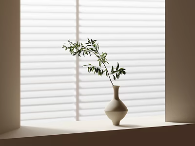 White Vase With Green Branches On Windowsill By Window Blinds With Bright Natural Light 3d model