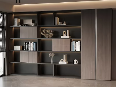 Modern Bookcase Design With Open Closed Storage Shelves And Decorative Items 3d model