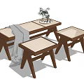 Modern Wooden Stools And Bench With Rattan Seat Gray Blanket And Potted Plant