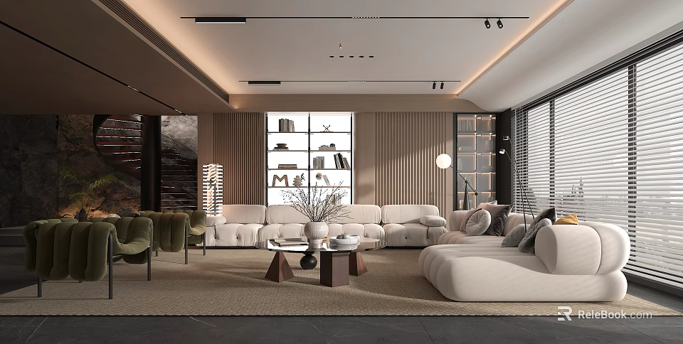 Modern Living Room Interior Design With White Sofa Coffee Table Bookshelf And Floor to Ceiling Windows 3d model 