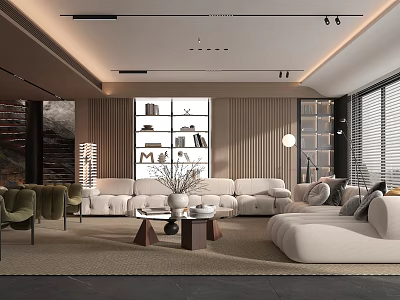 Modern Living Room Interior Design With White Sofa Coffee Table Bookshelf And Floor to Ceiling Windows 3d model