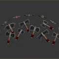Various Axes with Red Wooden Handles and Metal Heads Arranged on Gray Background with Reflections