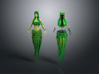 Green Leafy Game Movie Female Character With Plant Inspired Costume And Long Hair 3d model