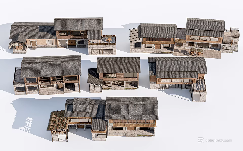 Traditional Guesthouse Architecture With Tile Roof Wooden Structure And Courtyard Design 3d model 