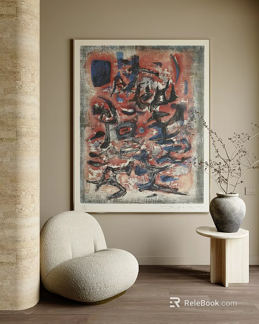 Abstract Painting With Vibrant Red Blue Strokes In Neutral Room With Accent Chair And Ceramic Vase 3d model 