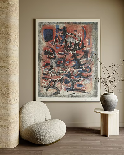 Abstract Painting With Vibrant Red Blue Strokes In Neutral Room With Accent Chair And Ceramic Vase 3d model