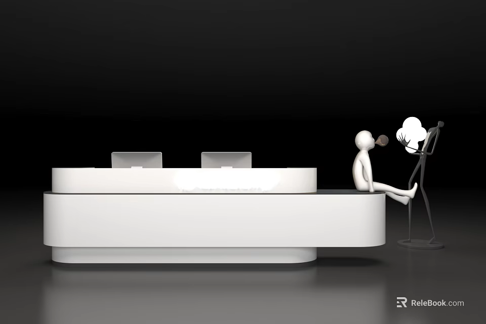 Modern Smooth White Reception Desk Design With Curved Surface And Figurines 3d model 