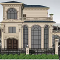 Classical Detached Villa Exterior With Ornate Balcony Large Arched Windows Iron Fence And Lush Greenery