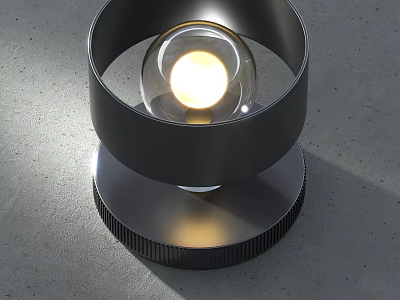 Modern Black Table Lamp With Circular Ring Structure And Illuminated Spherical Bulb On Gray Surface 3d model