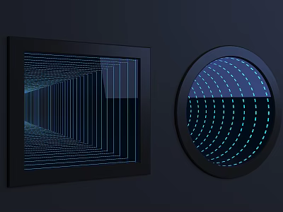 Modern Square And Circular Mirrors With Geometric Lines And Blue Light Dots On Dark Background 3d model