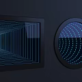 Modern Square And Circular Mirrors With Geometric Lines And Blue Light Dots On Dark Background