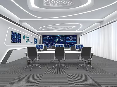 Modern Control Room With Multiple Monitoring Screens Control Console And Ergonomic Chairs 3d model