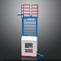 Aerial Work Platform Structure With Red Safety Guardrail Blue Metal Frame And White Control Box