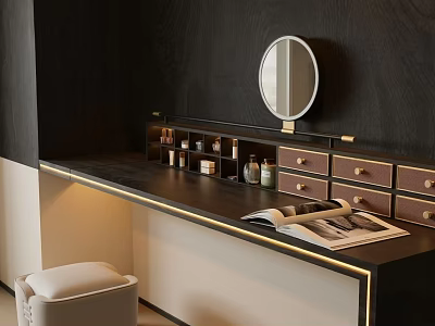 Luxury Dark Wood Dressing Table With Round Mirror Drawers And Vanity Stool 3d model