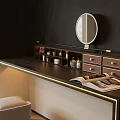Luxury Dark Wood Dressing Table With Round Mirror Drawers And Vanity Stool