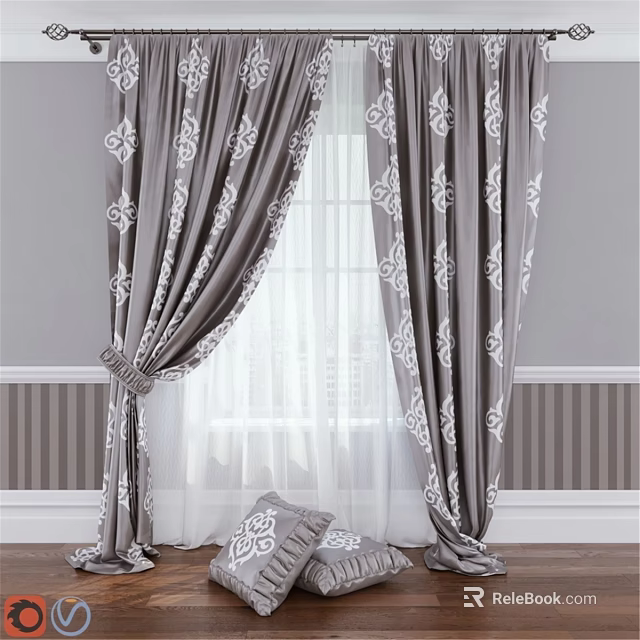Elegant Gray Curtains With White Floral Patterns For Home Window Decor 3d model 
