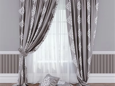 Elegant Gray Curtains With White Floral Patterns For Home Window Decor 3d model