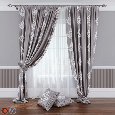 Elegant Gray Curtains With White Floral Patterns For Home Window Decor 3d model