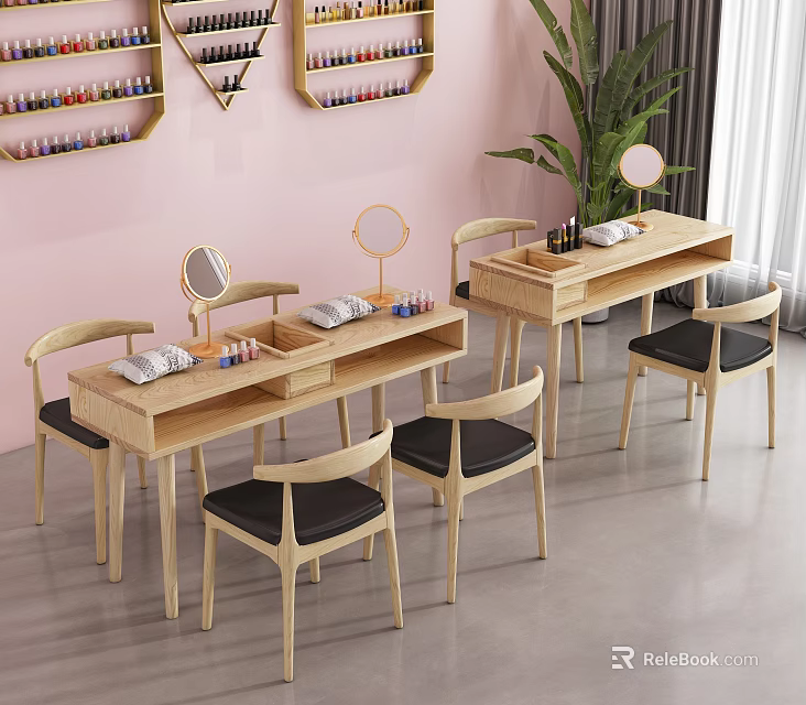 Dressing Table And Chair Set With Pink Wall Nail Polish Racks Round Mirrors Potted Plant 3d model 