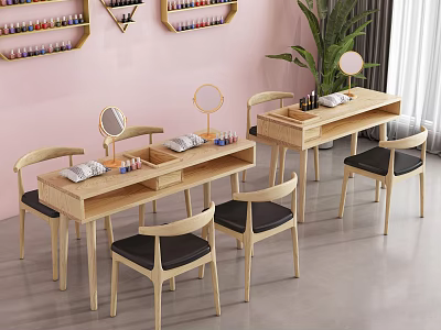 Dressing Table And Chair Set With Pink Wall Nail Polish Racks Round Mirrors Potted Plant 3d model