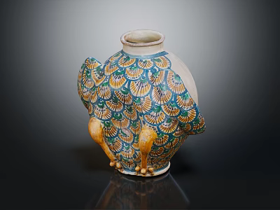 Ceramic Decorative Vase With Peacock Feather Pattern And Yellow Footed Base 3d model