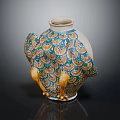 Ceramic Decorative Vase With Peacock Feather Pattern And Yellow Footed Base