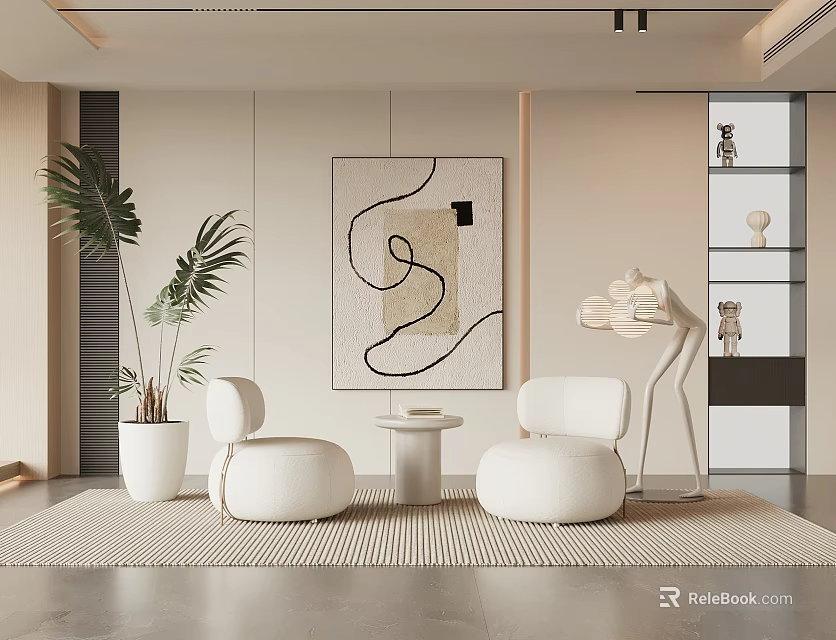 White Casual Sofa Set With Small Coffee Table Green Plant Abstract Painting And Floor Lamp 3d model 