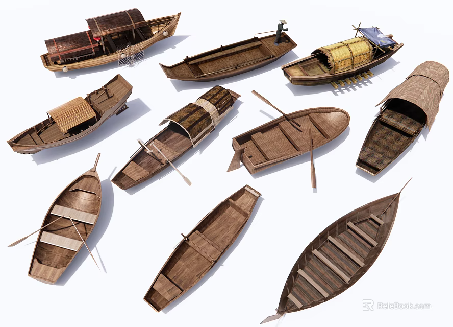 Traditional Handcrafted Vintage Wooden Boats With Various Classic Styles And Designs 3d model 