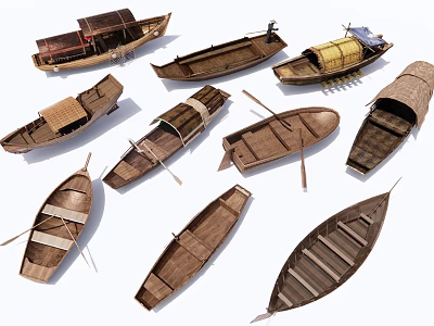Traditional Handcrafted Vintage Wooden Boats With Various Classic Styles And Designs 3d model