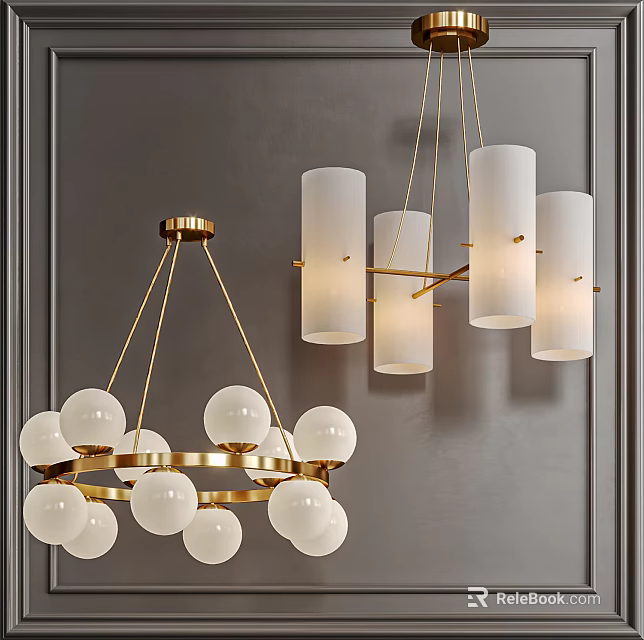Modern Gold Frame Chandeliers with White Spherical and Cylindrical Shades for Interior Decor 3d model 