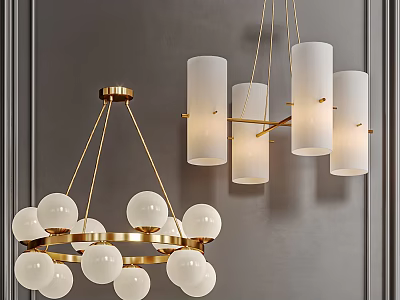 Modern Gold Frame Chandeliers with White Spherical and Cylindrical Shades for Interior Decor 3d model